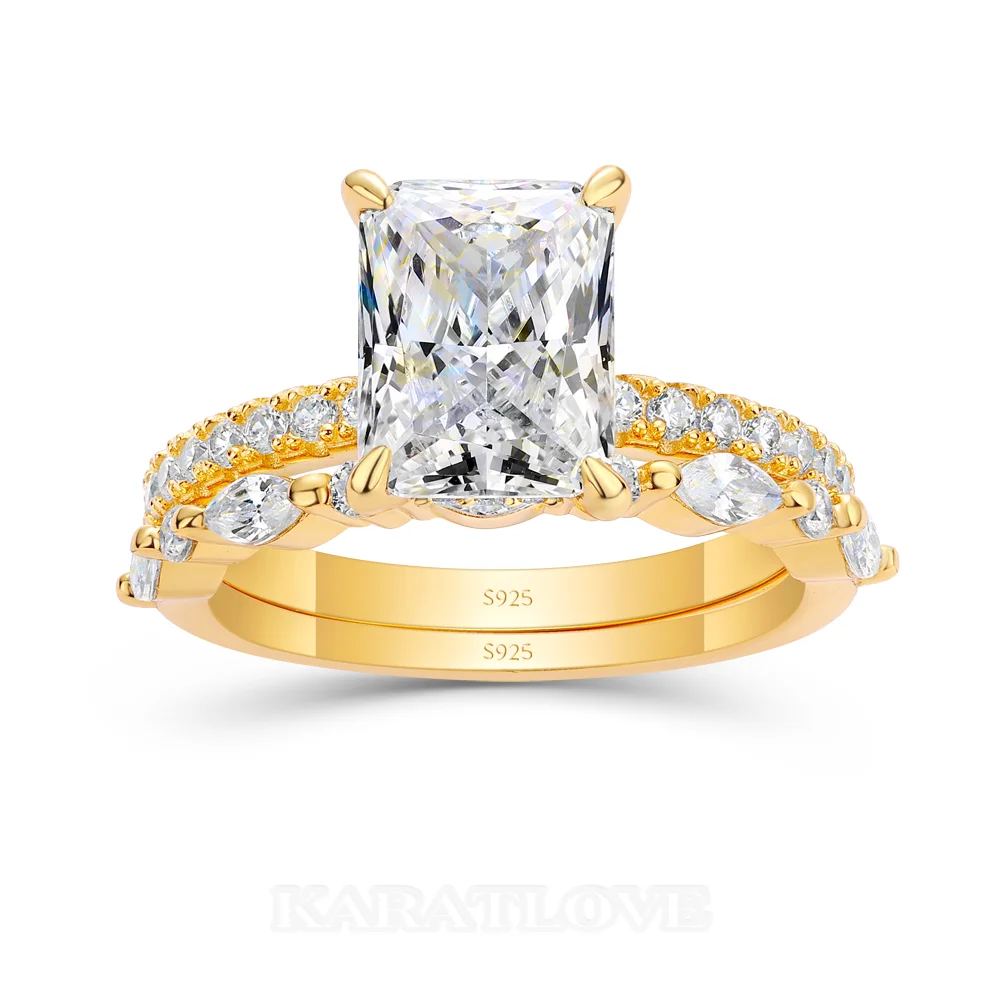 Ensembles de bagues de fiançailles en argent sterling blanc et or jaune avec diamant taille radiant