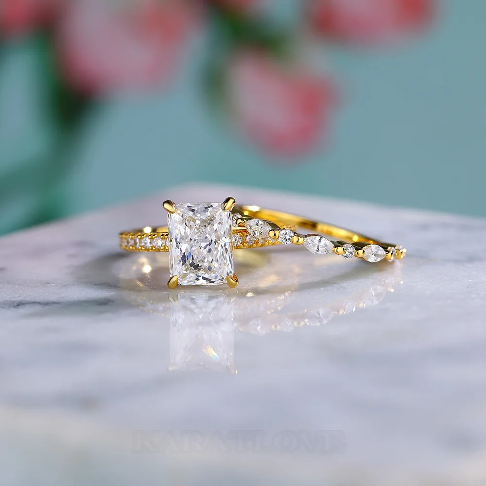 Ensembles de bagues de fiançailles en argent sterling blanc et or jaune avec diamant taille radiant