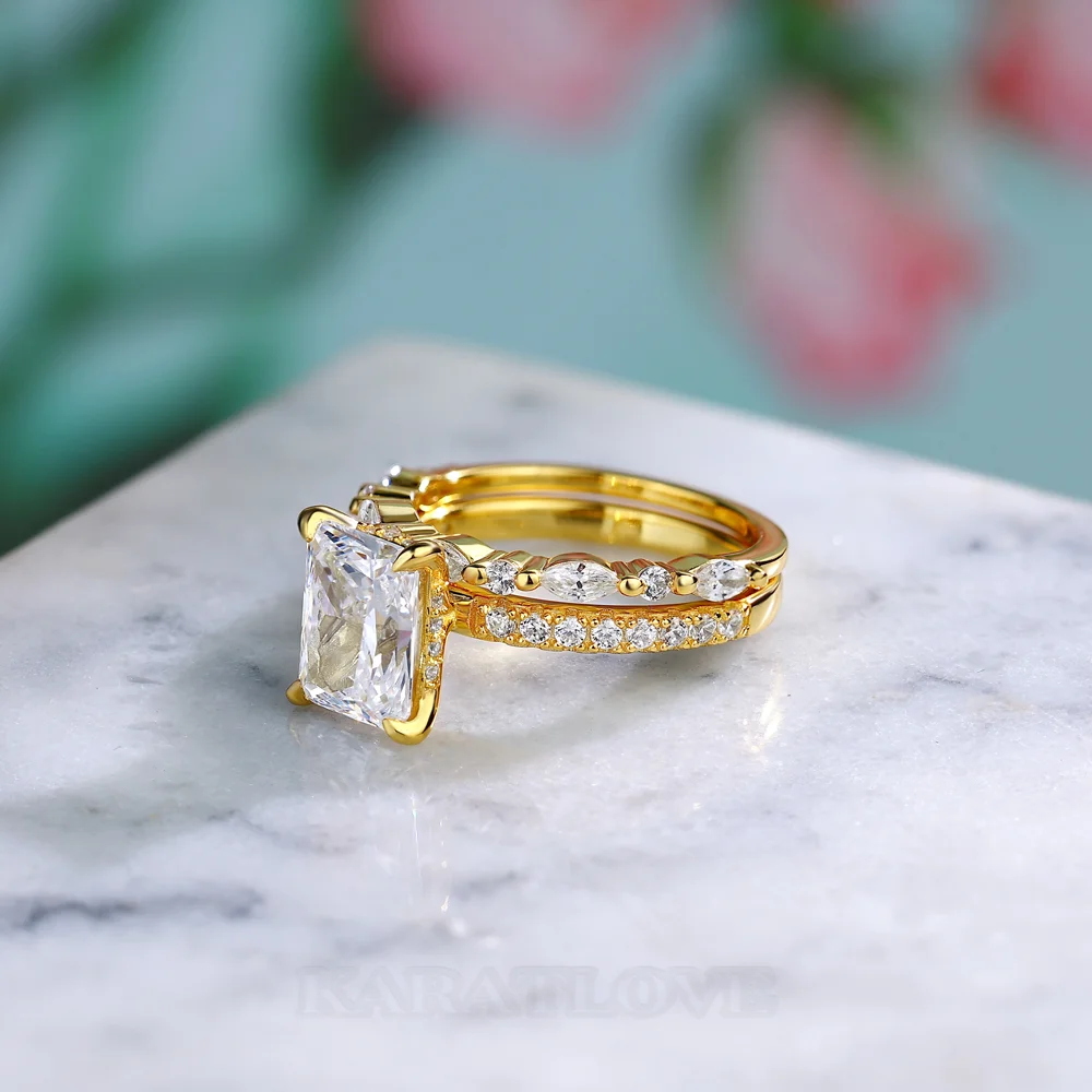 Ensembles de bagues de fiançailles en argent sterling blanc et or jaune avec diamant taille radiant