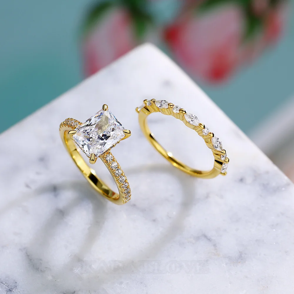 Ensembles de bagues de fiançailles en argent sterling blanc et or jaune avec diamant taille radiant