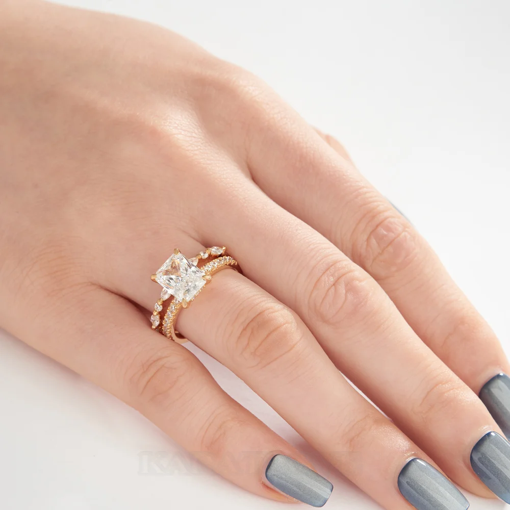 Ensembles de bagues de fiançailles en argent sterling blanc et or jaune avec diamant taille radiant