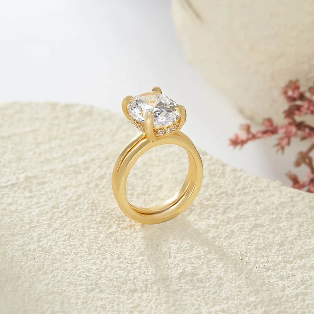 Bague de fiançailles ovale en argent sterling blanc et or jaune avec halo caché