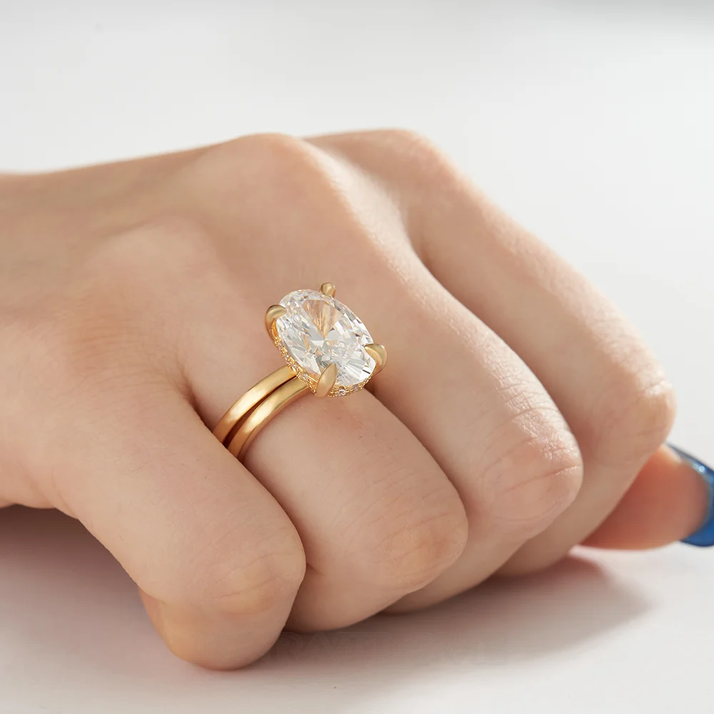 Bague de fiançailles ovale en argent sterling blanc et or jaune avec halo caché