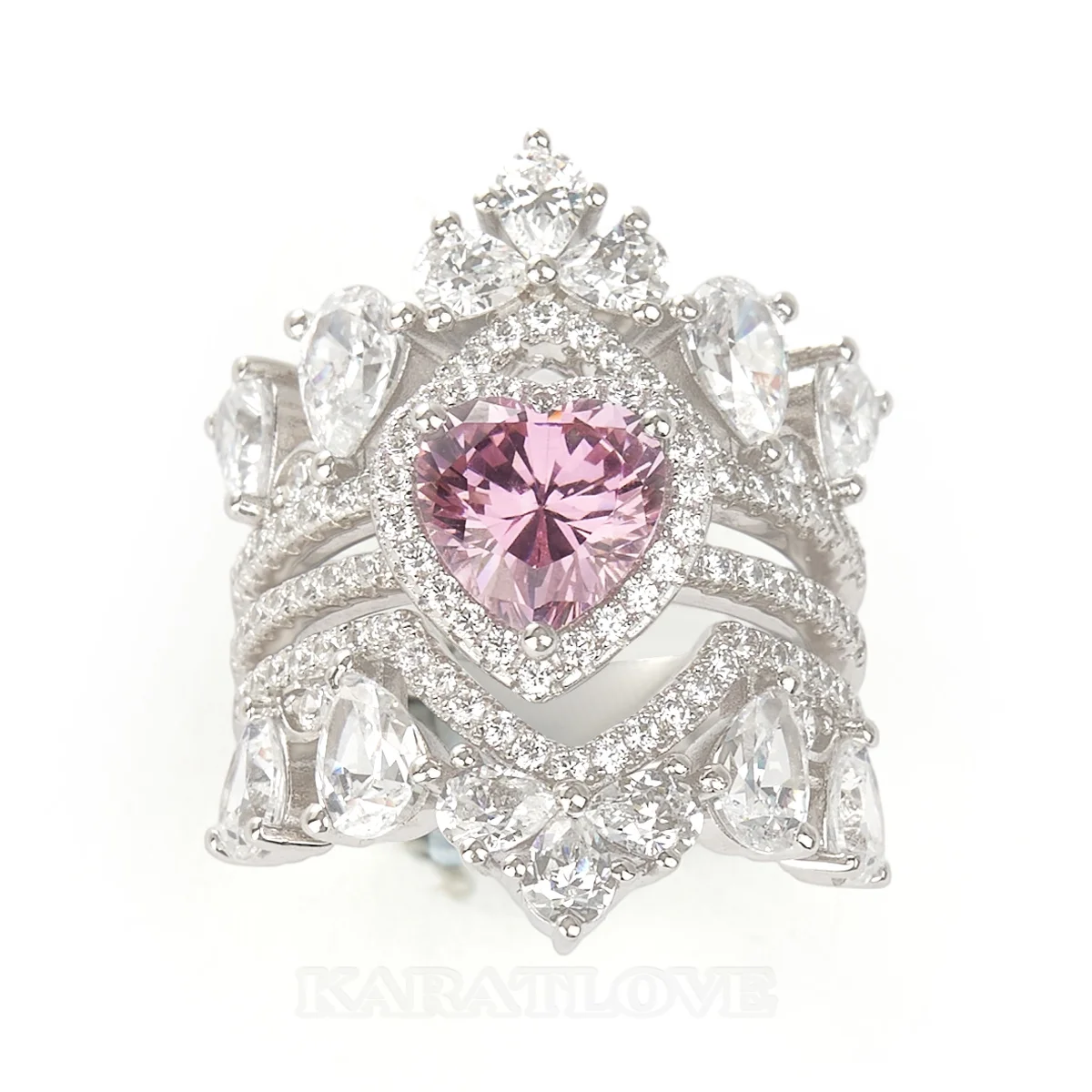 Ensemble de 3 bagues de mariage en argent sterling avec pierres roses taillées en forme de cœur