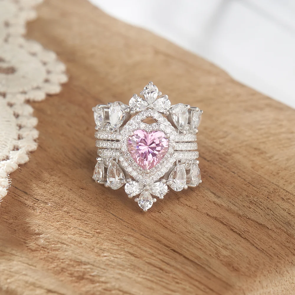 Ensemble de 3 bagues de mariage en argent sterling avec pierres roses taillées en forme de cœur