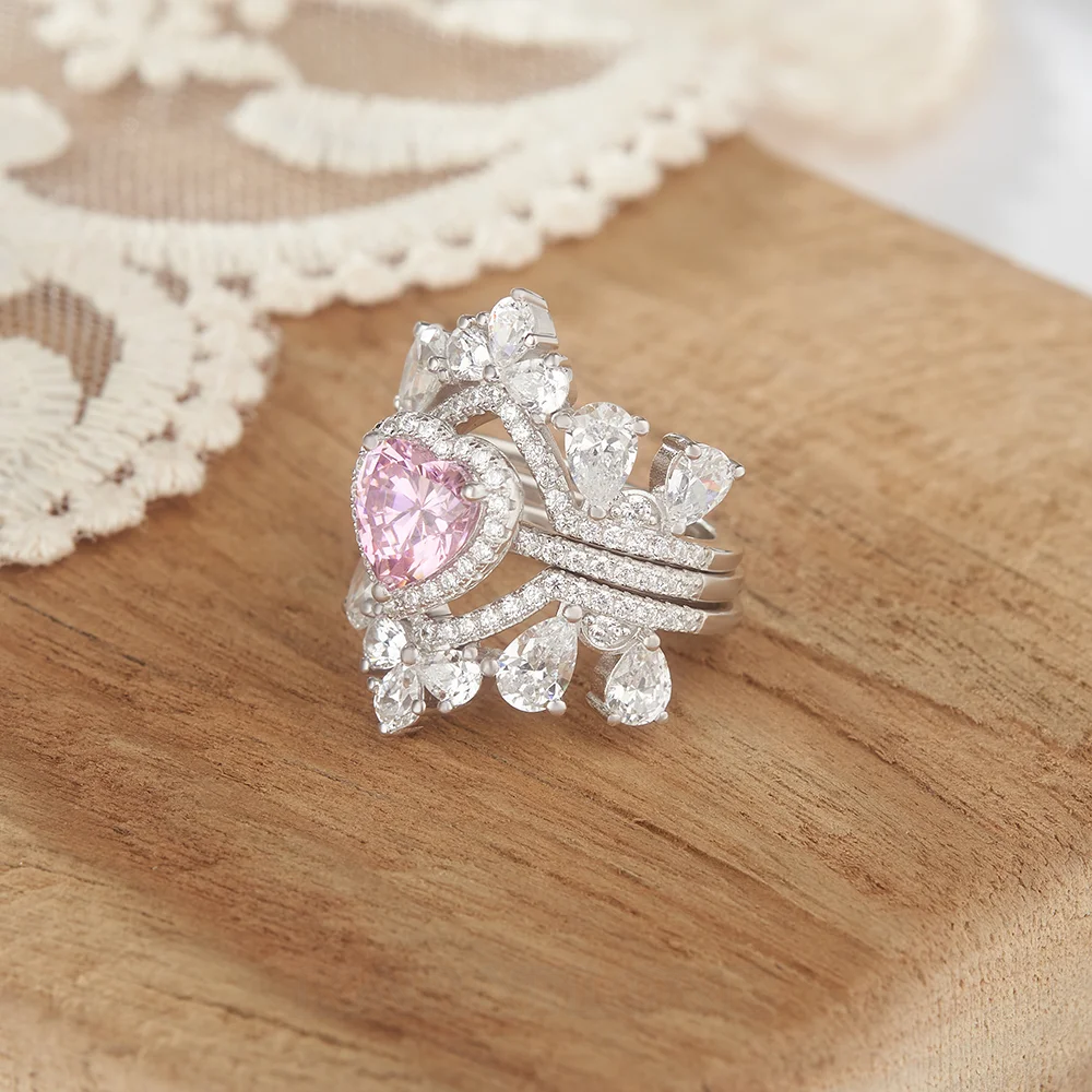 Ensemble de 3 bagues de mariage en argent sterling avec pierres roses taillées en forme de cœur