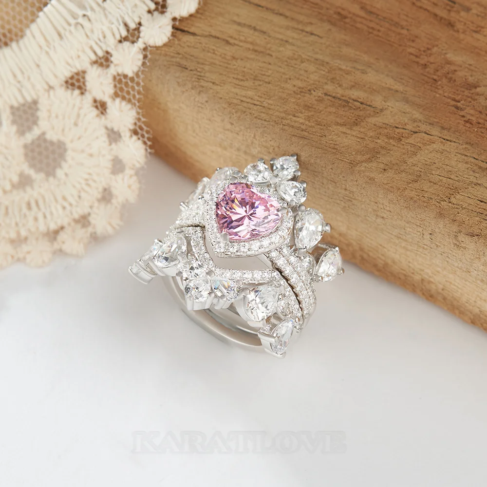 Ensemble de 3 bagues de mariage en argent sterling avec pierres roses taillées en forme de cœur