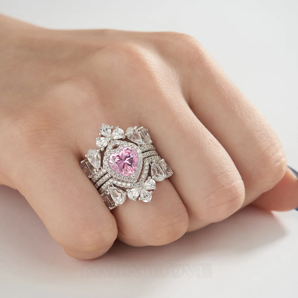 Ensemble de 3 bagues de mariage en argent sterling avec pierres roses taillées en forme de cœur