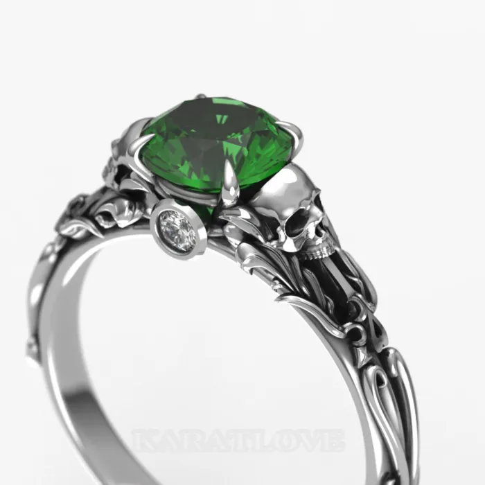Bague tête de mort en argent 925 emeraude verte taille ronde