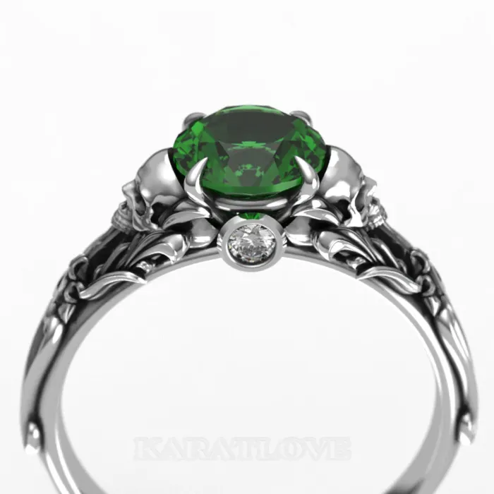 Bague tête de mort en argent 925 emeraude verte taille ronde