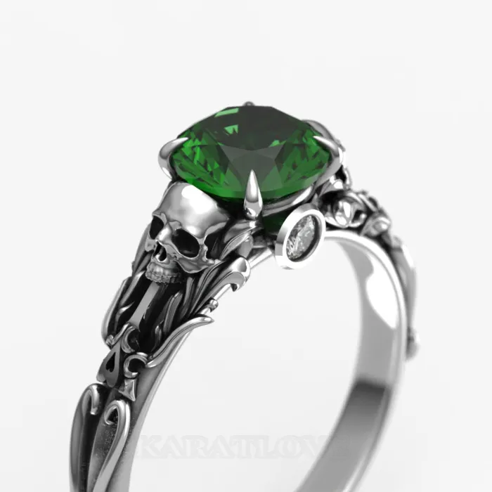 Bague tête de mort en argent 925 emeraude verte taille ronde