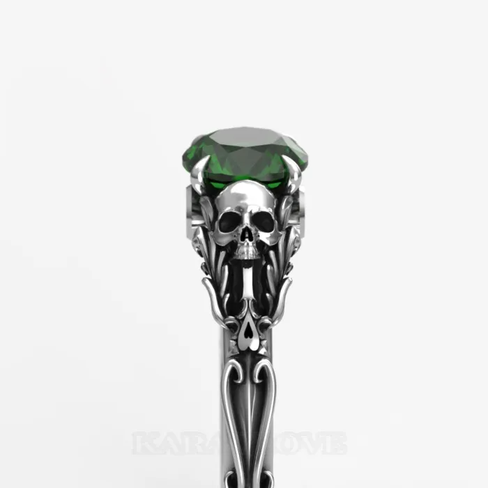 Bague tête de mort en argent 925 emeraude verte taille ronde