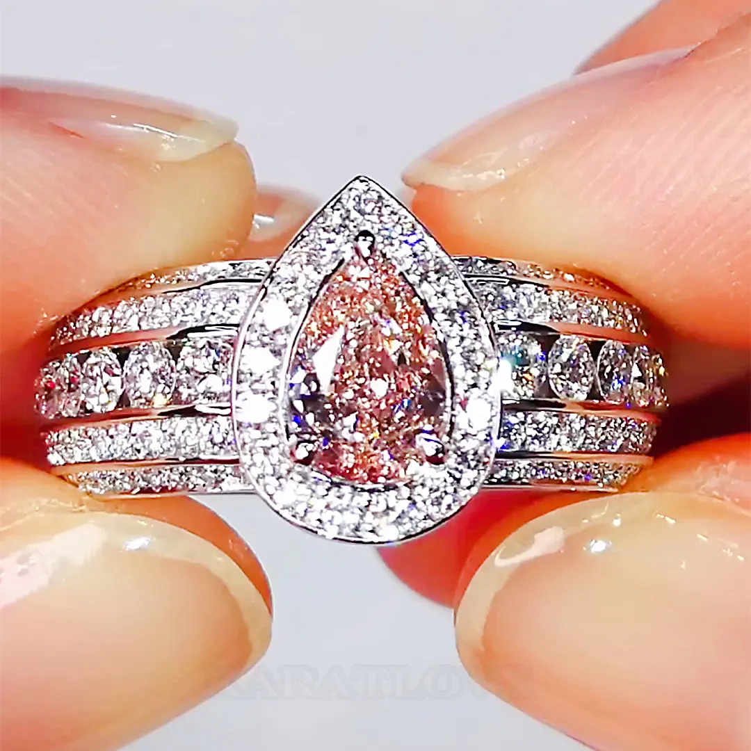 Bague de fiançailles halo rose poire en argent 925