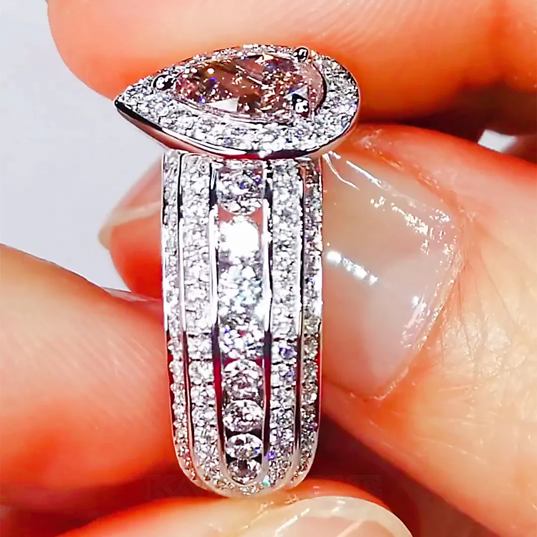 Bague de fiançailles halo rose poire en argent 925