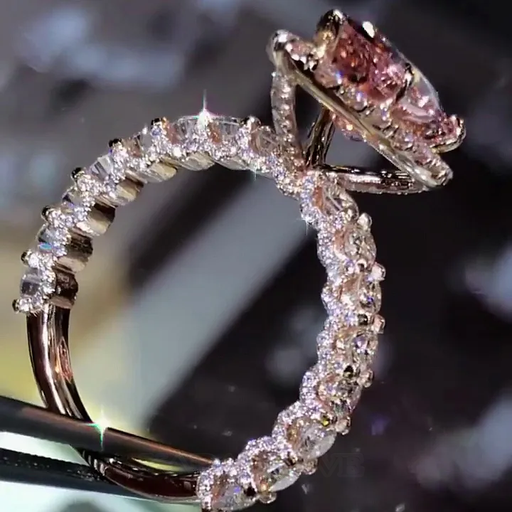 Bague de fiançailles halo en argent rose 925 champagne et poire
