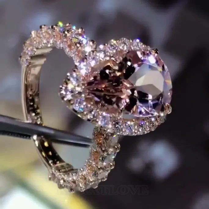 Bague de fiançailles halo en argent rose 925 champagne et poire