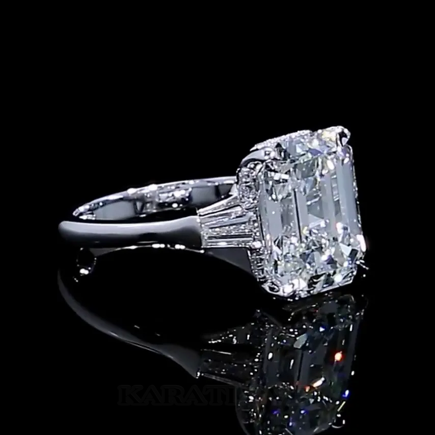 Bague de fiançailles 3 pierres en argent 925 avec diamant blanc taille émeraude