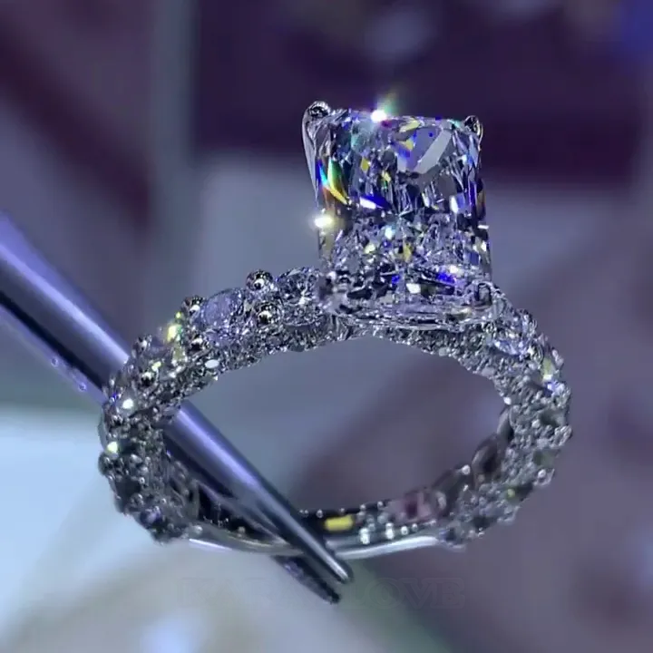 Bague de fiançailles art déco en argent 925 avec diamant radiant blanc