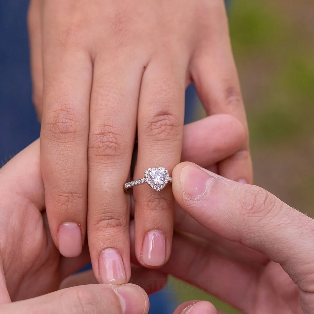Bague de fiançailles en argent 925 avec halo blanc et diamant taillé en forme de cœur