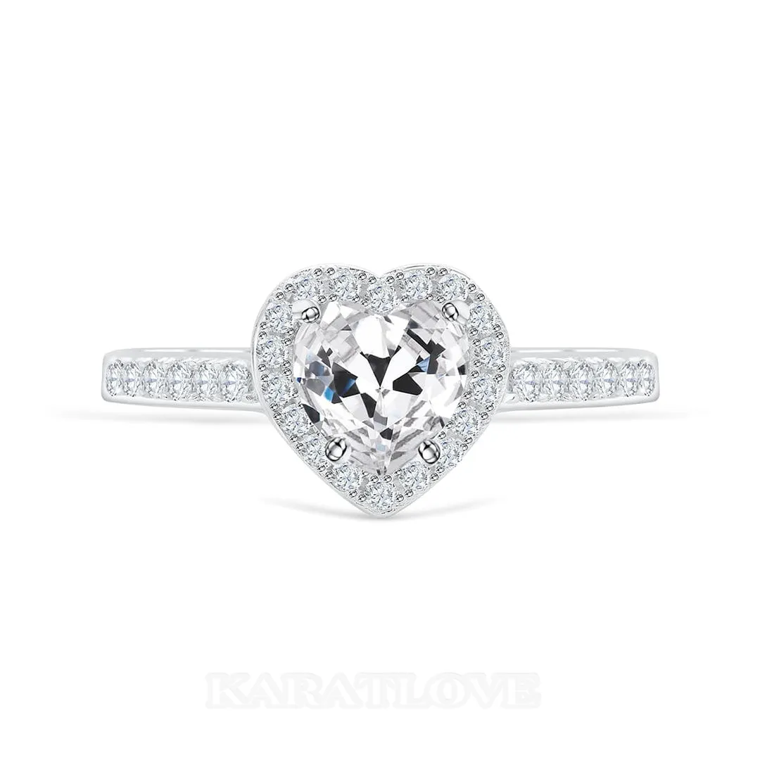 Bague de fiançailles en argent 925 avec halo blanc et diamant taillé en forme de cœur