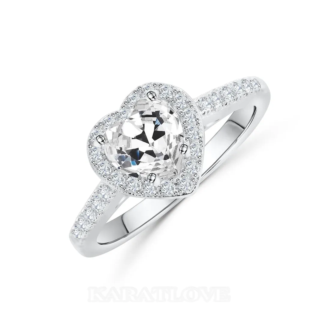 Bague de fiançailles en argent 925 avec halo blanc et diamant taillé en forme de cœur