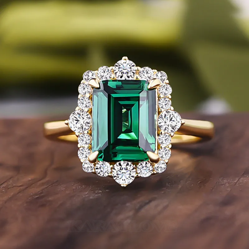 Bague de fiançailles halo en or jaune vert émeraude en argent 925