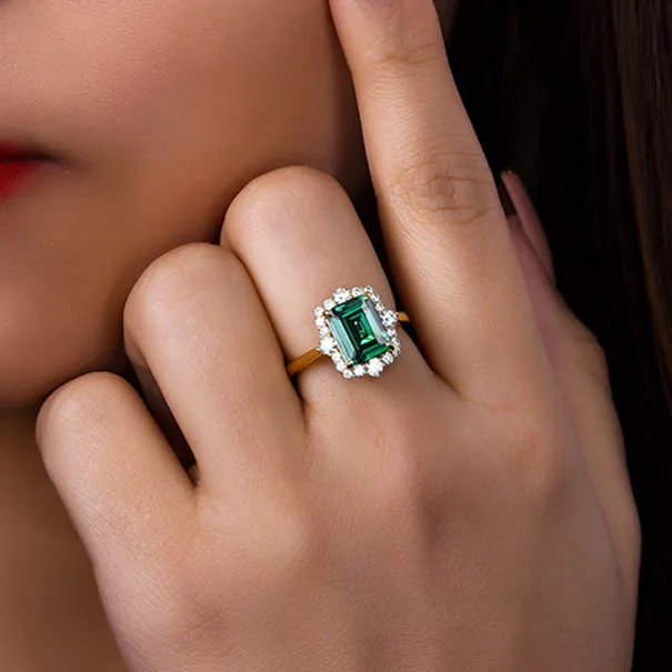Bague de fiançailles halo en or jaune vert émeraude en argent 925