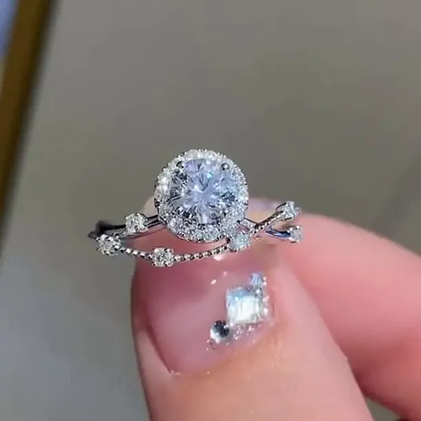 Bague de fiançailles art déco en argent sterling, diamant rond et halo blanc