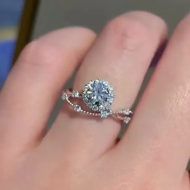 Bague de fiançailles art déco en argent sterling, diamant rond et halo blanc