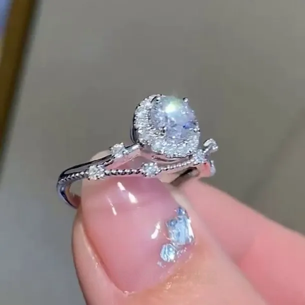 Bague de fiançailles art déco en argent sterling, diamant rond et halo blanc