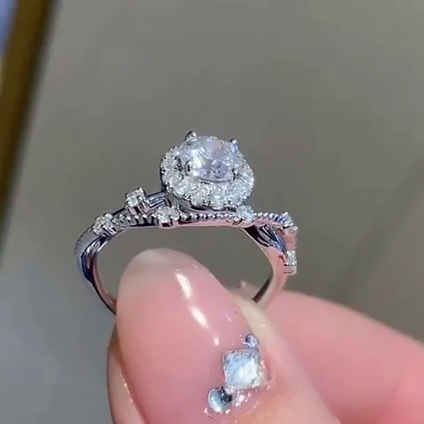 Bague de fiançailles art déco en argent sterling, diamant rond et halo blanc