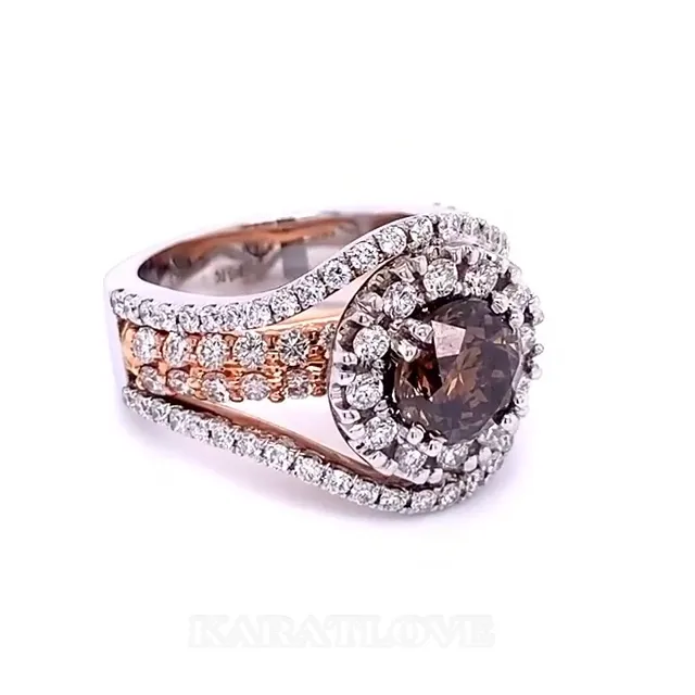 Bague de fiançailles halo en or rose à taille ronde et chocolat en argent 925