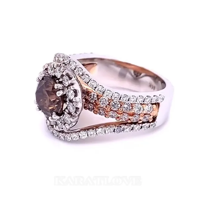 Bague de fiançailles halo en or rose à taille ronde et chocolat en argent 925