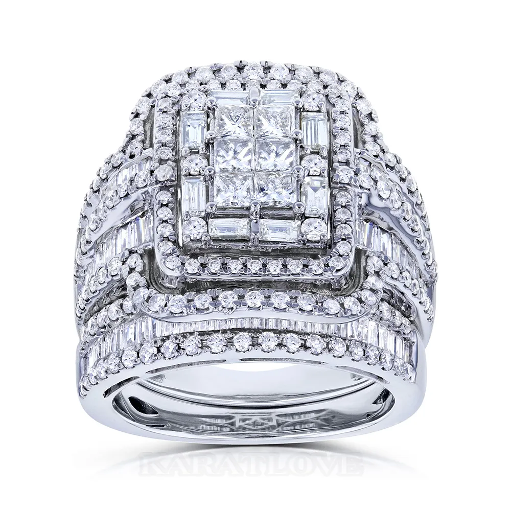 Ensemble de mariage en argent sterling avec halo en diamant blanc taille princesse