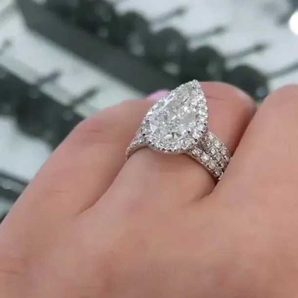 Parure de mariage 3 pièces halo en argent 925 pour diamant blanc taille poire