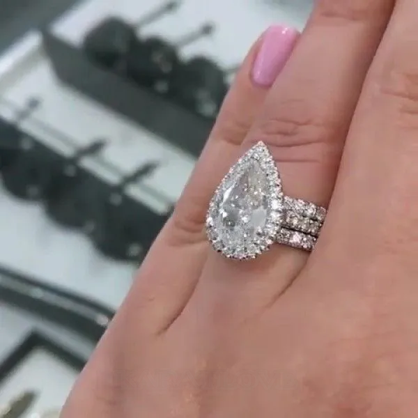 Parure de mariage 3 pièces halo en argent 925 pour diamant blanc taille poire