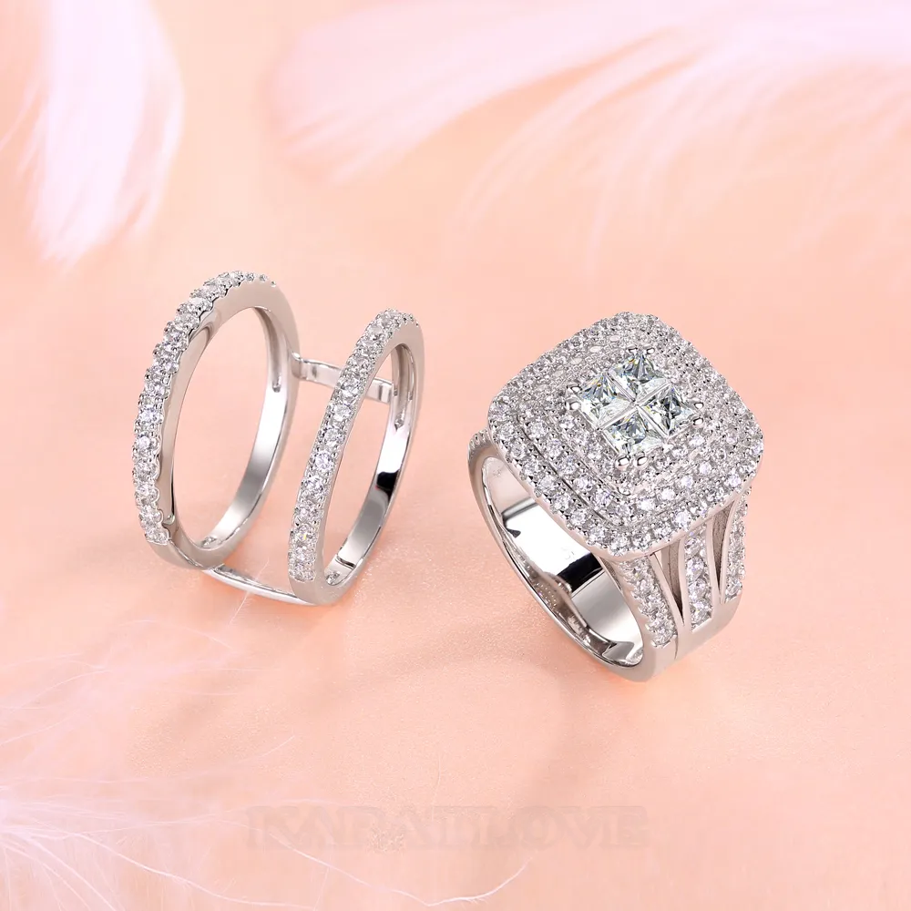 Bague de mariage en argent 925 avec halo en diamant blanc taille princesse