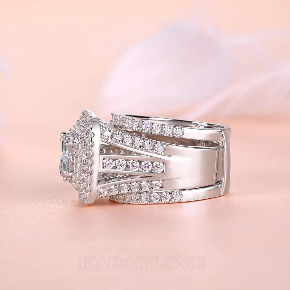 Bague de mariage en argent 925 avec halo en diamant blanc taille princesse
