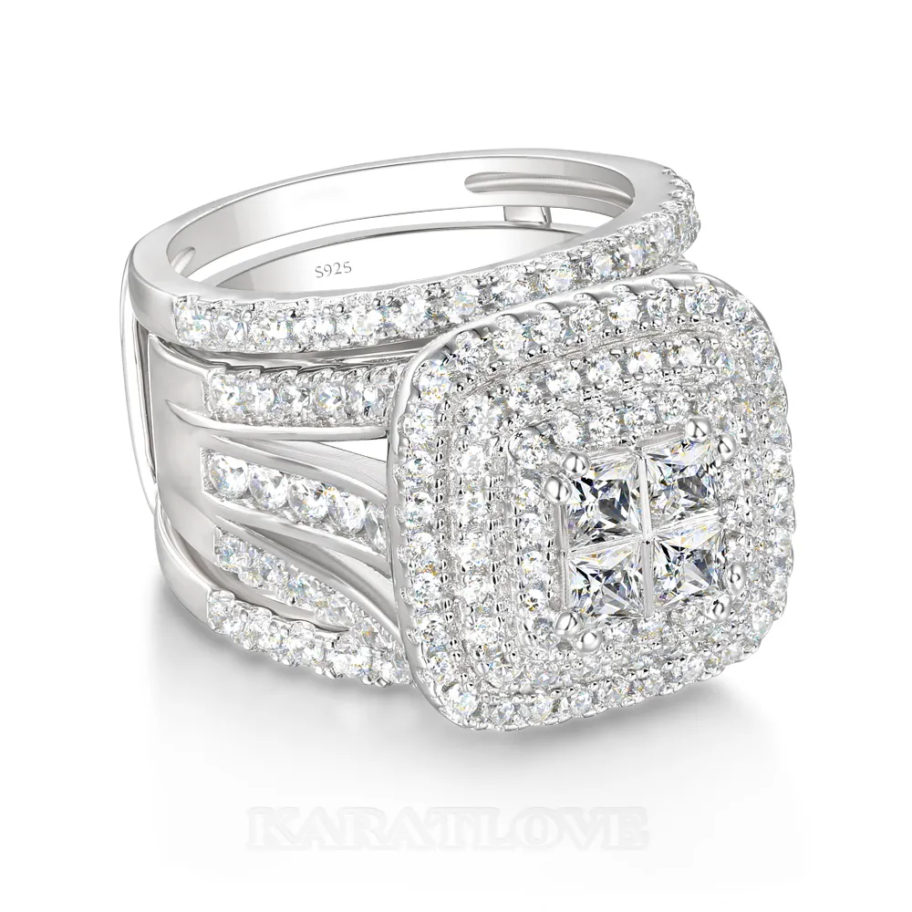 Bague de mariage en argent 925 avec halo en diamant blanc taille princesse