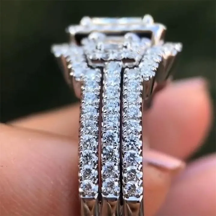 Parure de mariage 3 pièces en saphir blanc taille radieuse en argent 925