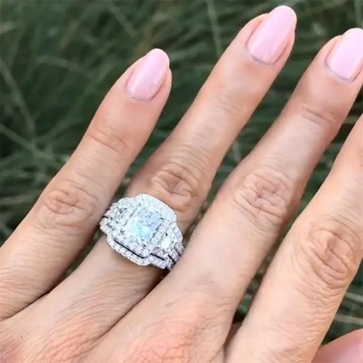 Parure de mariage 3 pièces en saphir blanc taille radieuse en argent 925