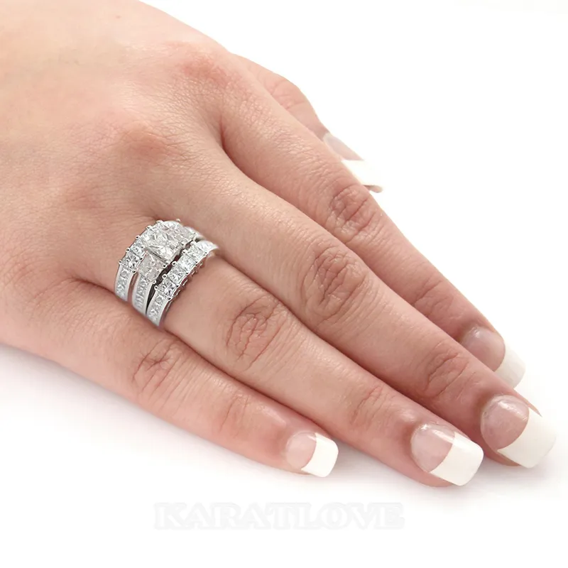 Parure de mariage 3 pièces en argent sterling, diamant blanc taille princesse