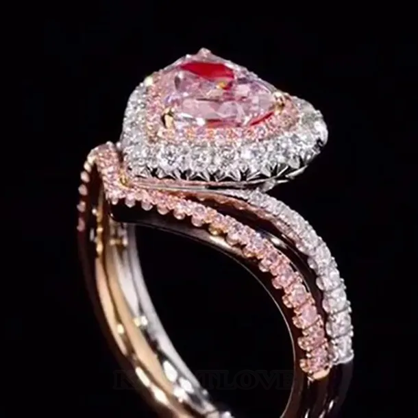 Parure de mariage en argent 925 avec halo en or rose fantaisie et taille en cœur