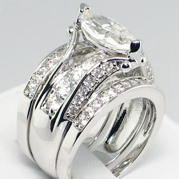 Bague de fiançailles 3 pierres en argent 925 avec diamant blanc taillé en marquise