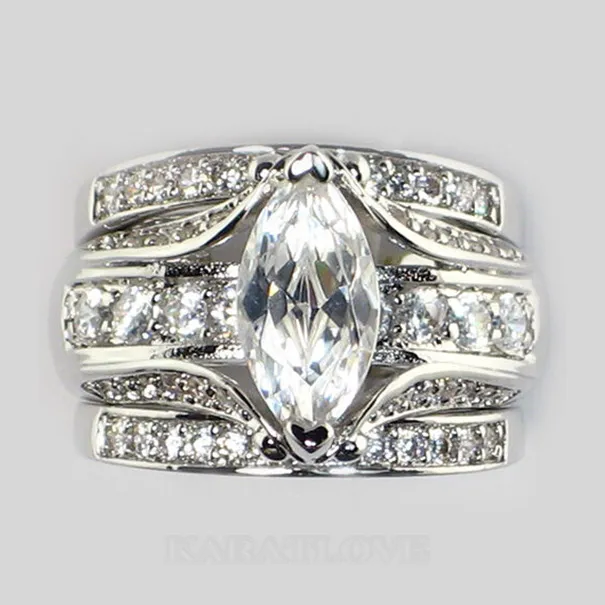 Bague de fiançailles 3 pierres en argent 925 avec diamant blanc taillé en marquise