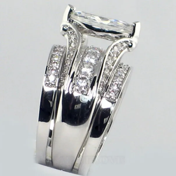 Bague de fiançailles 3 pierres en argent 925 avec diamant blanc taillé en marquise