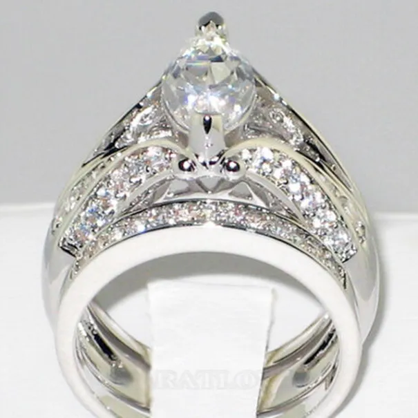 Bague de fiançailles 3 pierres en argent 925 avec diamant blanc taillé en marquise