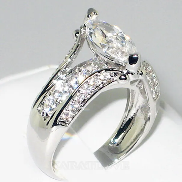 Bague de fiançailles 3 pierres en argent 925 avec diamant blanc taillé en marquise