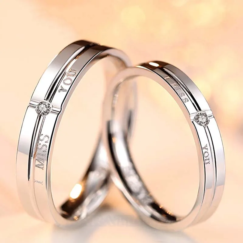 Tu me manques anneaux de couple en argent sterling avec diamant rond