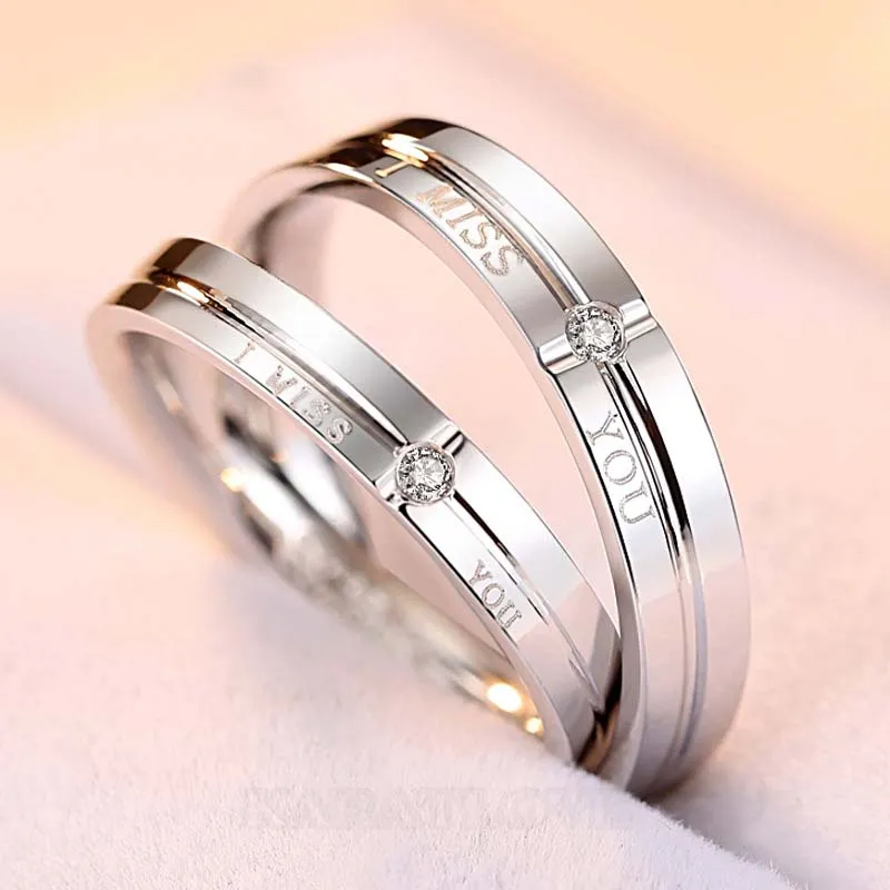 Tu me manques anneaux de couple en argent sterling avec diamant rond